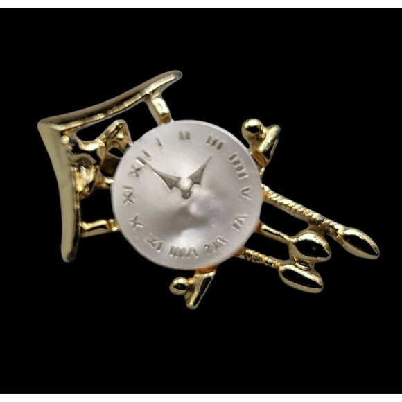Cuckoo Clock Brooch Mother Of Pearl Roman Numerals Gold Tone - Picture 6 of 7